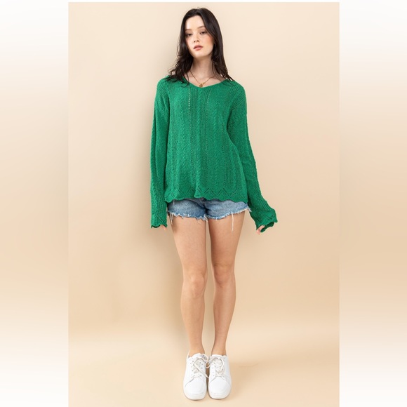 80 Eyelet V Neck Knitting Sweater - Picture 4 of 5